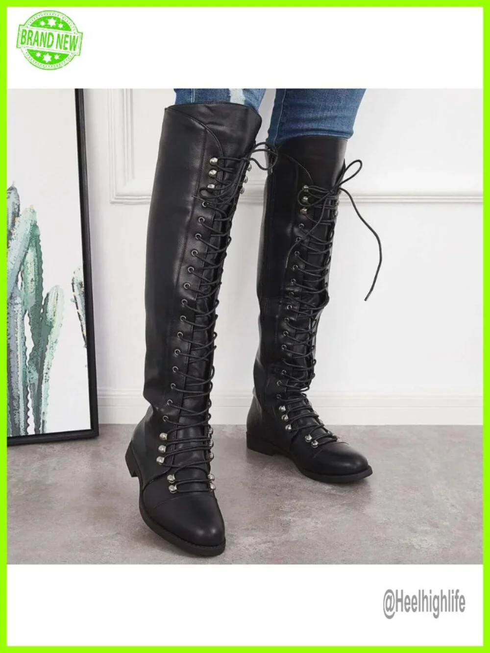 Over The Knee Lace-up Flat Long Boots PU Leather Riding Boot